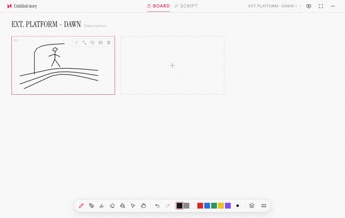 Halfslap Story Board view with a simple platform sketch in a storyboard frame.