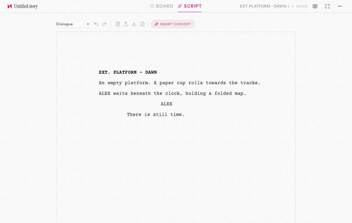 Halfslap Story Script view showing a demonstration screenplay with a scene heading, action and dialogue.